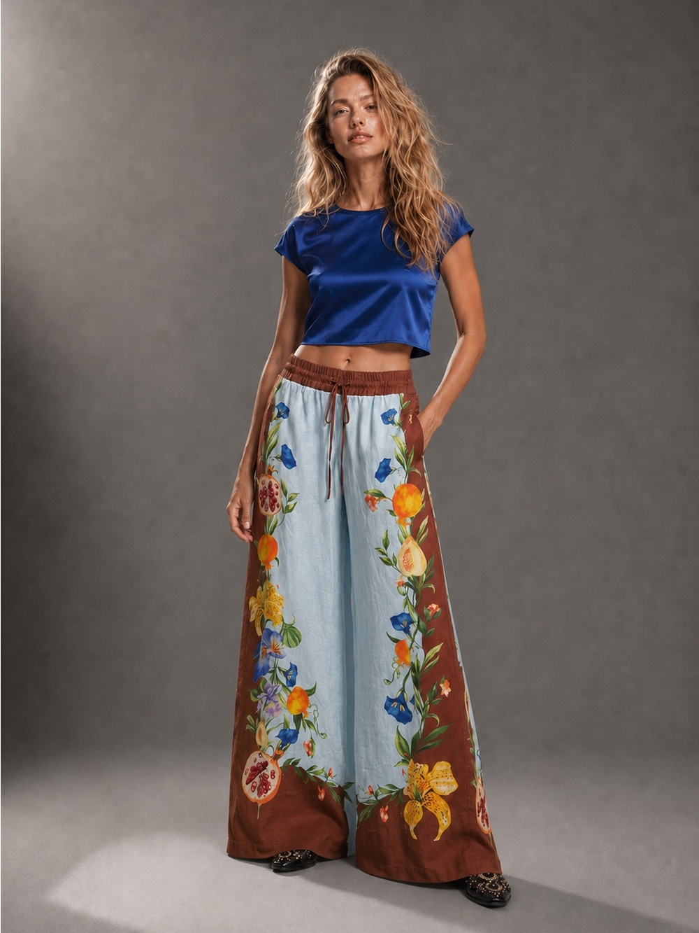Resort Floral Fruit Print Wide Leg Pants Medium NWT